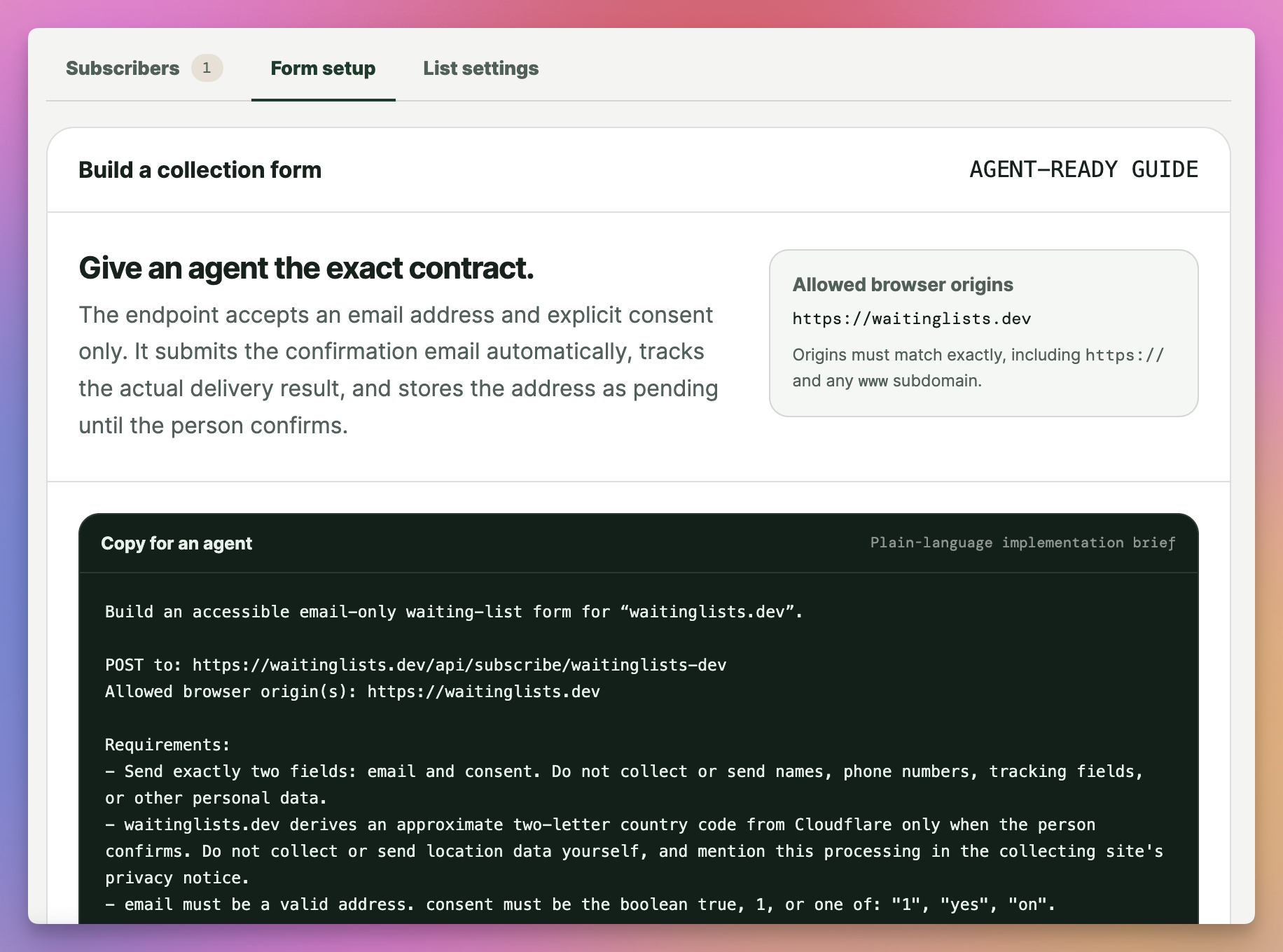 waitinglists.dev form setup screen with an agent-ready implementation guide