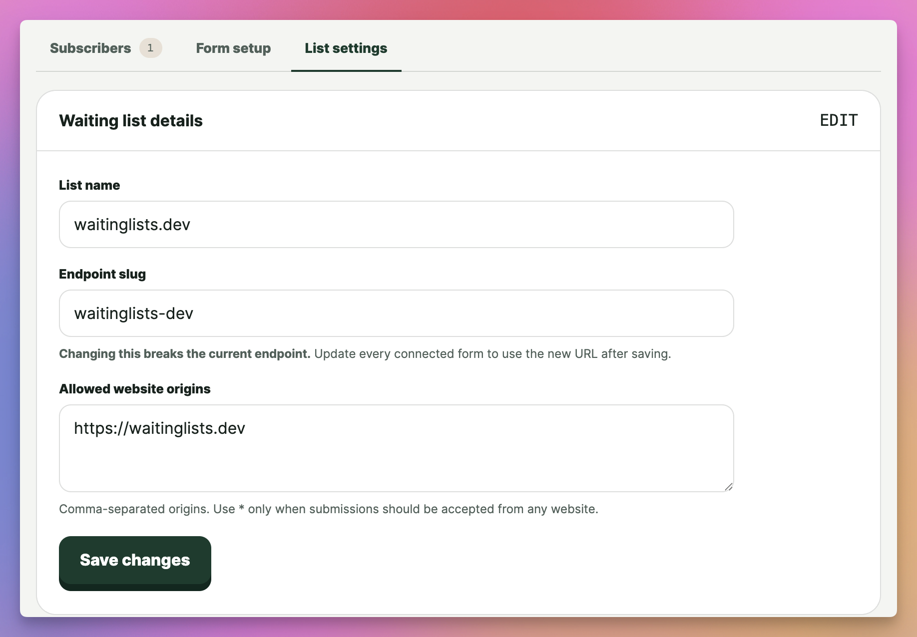 waitinglists.dev list settings screen for editing a list name, endpoint slug, and allowed origins
